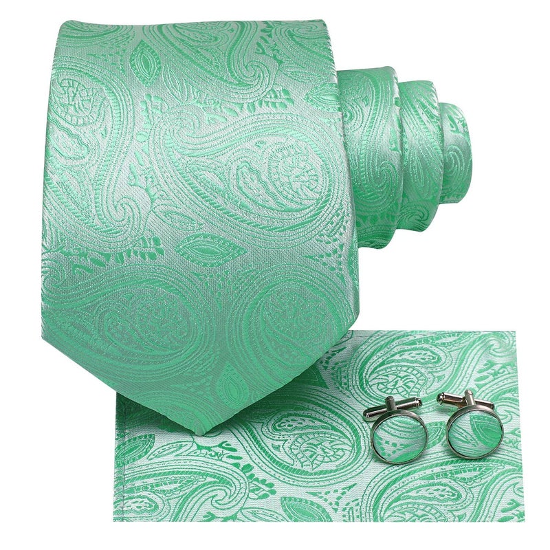 Dubulle Mens Mint Green Paisley Striped Tie WOVEN Necktie for Men and Handkerchief Cufflinks Set Wedding Formal Business - Image 3